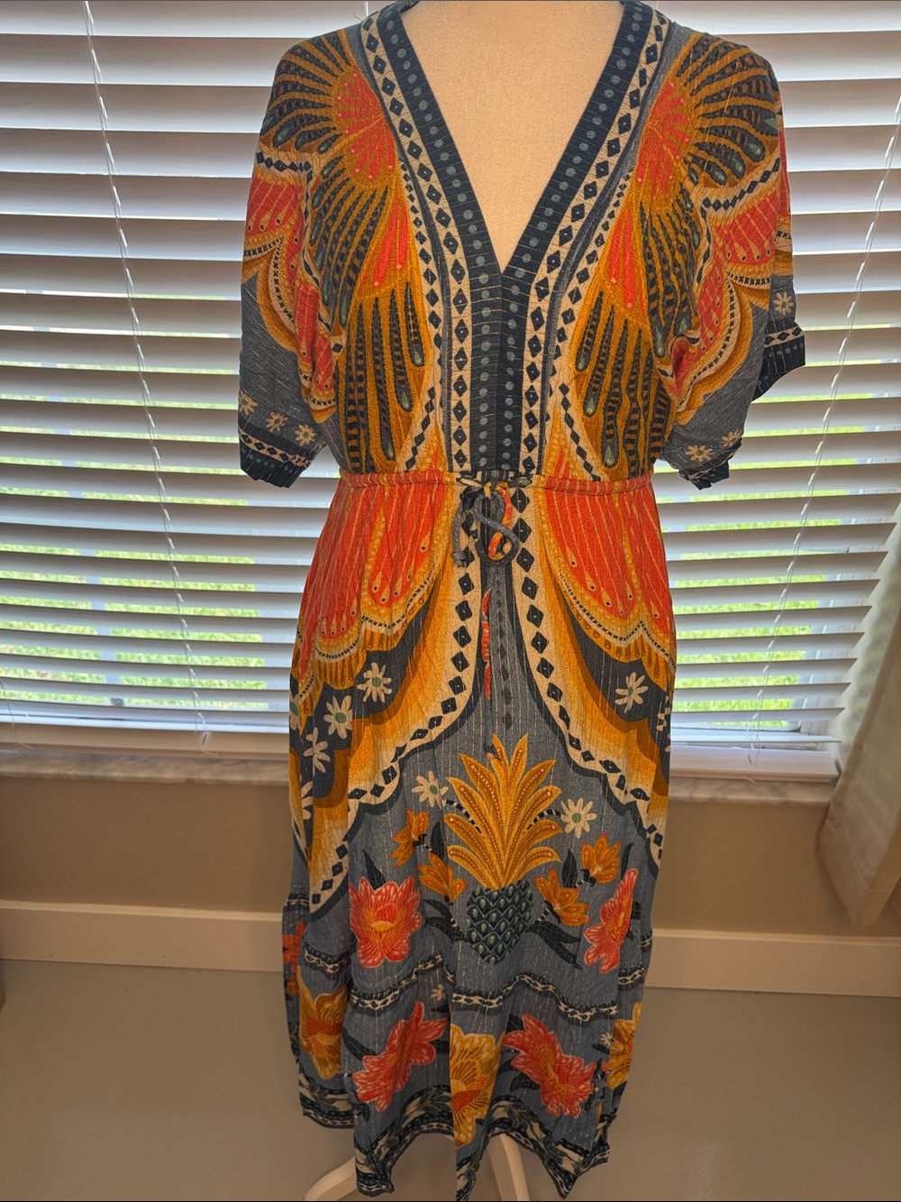 FARM Rio Boho V-Neck Floral Midi Dress in Orange and Yellow - Picture 1 of 5